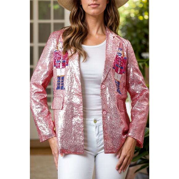 Sequin Nutcracker Holiday Christmas Blazer in Pink - Picture 3 of 9
